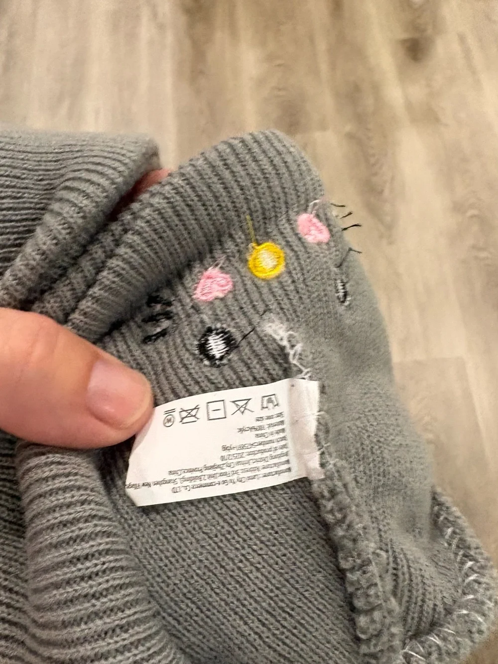 Gray Kids Pom-Pom Balaclava Hat with Embroidered Face
